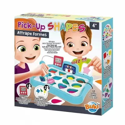 Brinquedo Pick-Up Shapes para crianças com base azul e branca e doze formas coloridas, em caixa com ilustração
