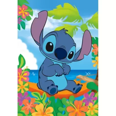Desenho de Stitch sentado numa prancha de surf num ambiente tropical colorido