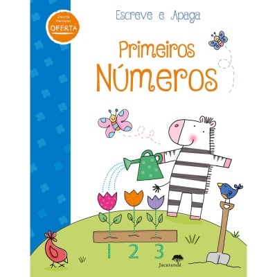 Capa de livro infantil com zebra regando flores e texto 'Escreve e Apaga Primeiros Números'.