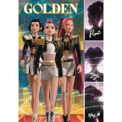Três personagens animadas em roupas pretas, brancas e douradas com ombreiras ao lado de silhuetas iluminadas e palavra GOLDEN no topo