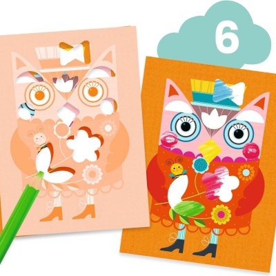 cartões coloridos com corujas decoradas e lápis verde a desenhar