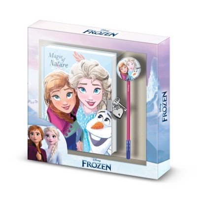 Conjunto diário e caneta Disney Frozen com personagens Anna, Elsa e Olaf na embalagem