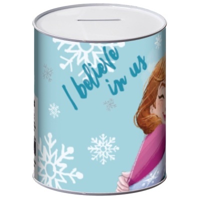 Mealheiro azul claro com flocos de neve e texto 'I believe in us'