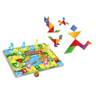 Jogo de tabuleiro infantil com peças coloridas e tangram colorido