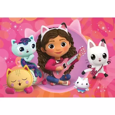 Menina com auriculares de gato e ukulele rosa rodeada por gatos animados coloridos