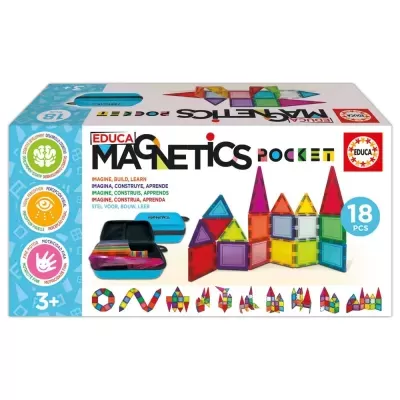 Caixa de brinquedo magnético EDUCA MAGNETICS POCKET com peças coloridas e estojo azul.
