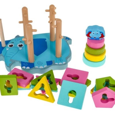Brinquedo de madeira para empilhar com formas coloridas e base em forma de elefante azul