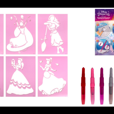 Stencil rosa com princesas e conjunto de canetas coloridas Disney Princess