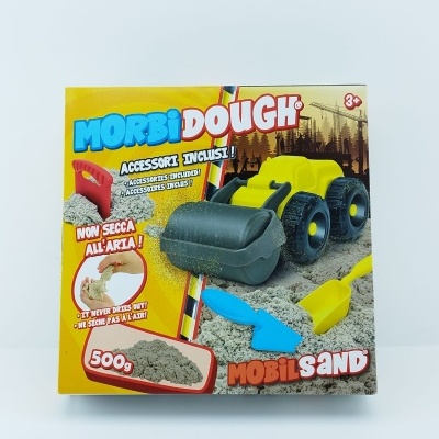 Caixa do brinquedo Morbi Dough Mobil Sand com trator amarelo, pá amarela e espátula azul