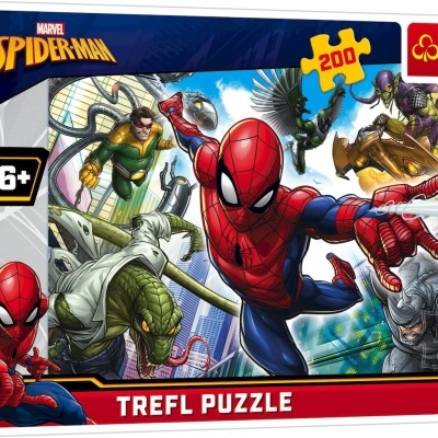 Caixa de puzzle Trefl Spider-Man com 200 peças e indicação 6+, imagem de personagens do Homem-Aranha.
