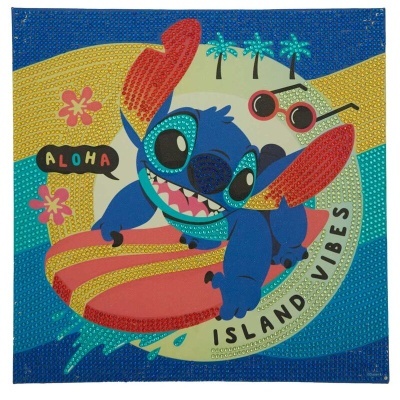 Mala quadrada com estampa da personagem Stitch numa prancha de surf com texto ALOHA e ISLAND VIBES