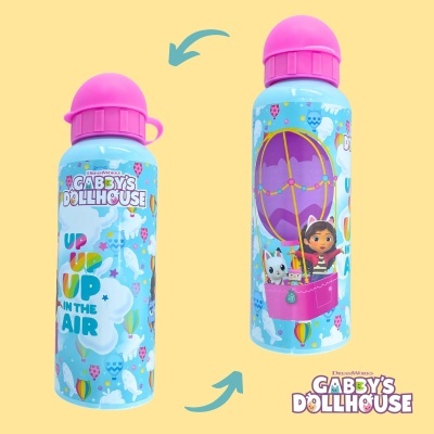 Garrafa de água metálica com tampa rosa e ilustrações de Gabby's Dollhouse