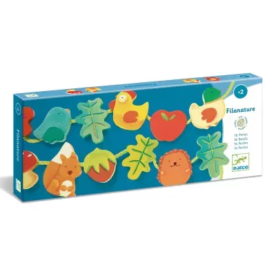 Conjunto Filanature Djeco pendentes de madeira com animais e folhas coloridas