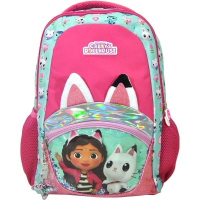 Mochila escolar colorida com personagens animados e orelhas decorativas