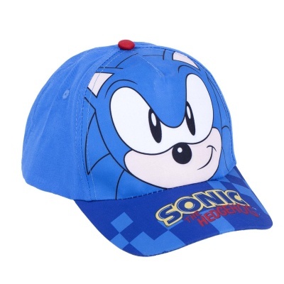 Boné azul com estampa do personagem Sonic e texto SONIC THE HEDGEHOG