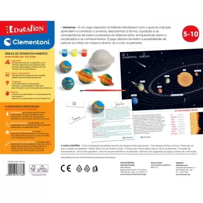 Embalagem do jogo educativo Universo da Clementoni com ilustração de planetas e sistema solar
