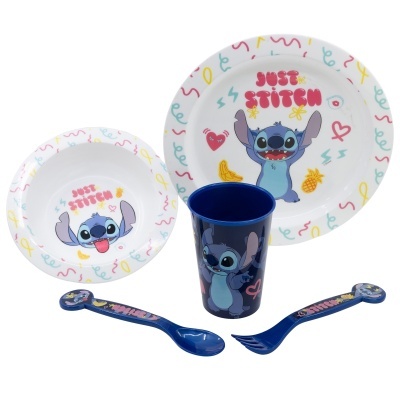 Conjunto infantil de refeição com personagem Stitch em prato, taça, copo, garfo e colher