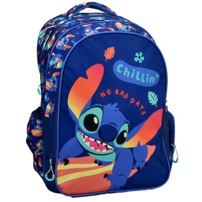 Mochila azul com personagem Stitch e texto Chillin'