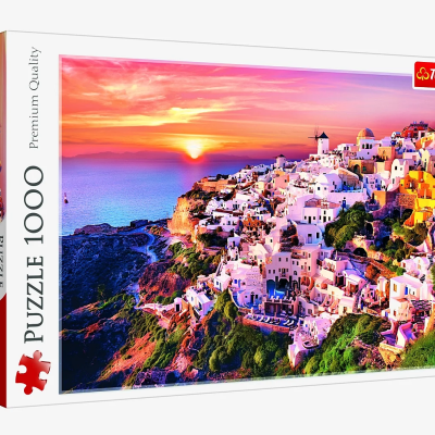Caixa de quebra-cabeças Trefl 1000 peças com imagem de aldeia costeira ao pôr do sol