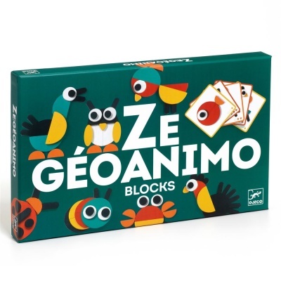 Caixa do jogo Zé Géoanimo Blocks com ilustrações coloridas de animais em blocos