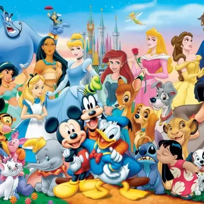 Personagens animados clássicos da Disney juntos, castelo ao fundo
