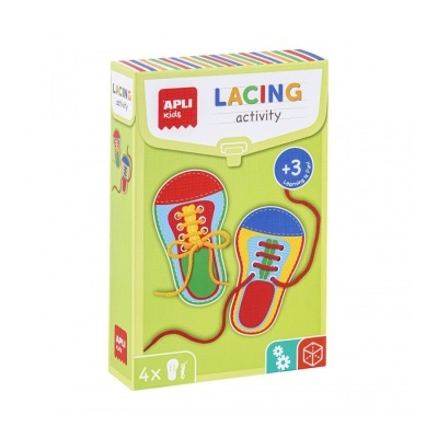 Embalagem de brinquedo educativo APLI KIDS LACING activity com sapatos ilustrados e atacadores coloridos