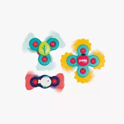 Três fidget spinners coloridos em fundo branco