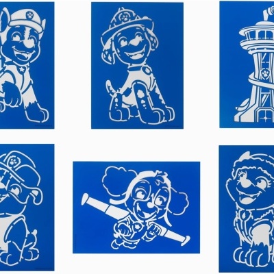 Seis desenhos brancos de cães e uma torre em fundo azul