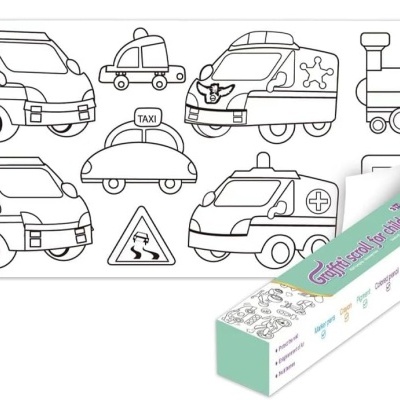 Papel de parede infantil com desenhos de veículos para colorir e embalagem com texto.