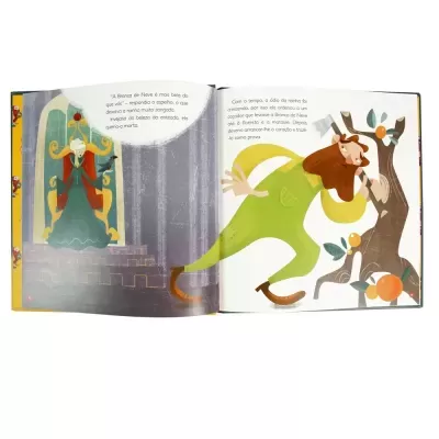 Livro infantil aberto com ilustrações coloridas e texto em português em ambas as páginas.