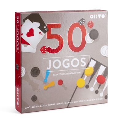 Caixa de jogos 50 Jogos Olivo com cartas, dados e peças de jogos coloridas