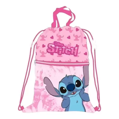 Mochila de cordão rosa com personagem Stitch da Disney e padrão de corações