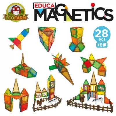Blocos magnéticos coloridos transparentes EDUCA MAGNETICS ECOFARM com animais e recinto