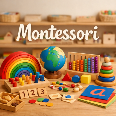Brinquedos Montessori educativos em madeira colorida sobre mesa de madeira