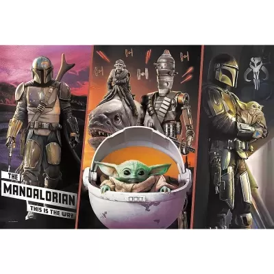 Personagens da série The Mandalorian com Baby Yoda e texto THE MANDALORIAN THIS IS THE WAY