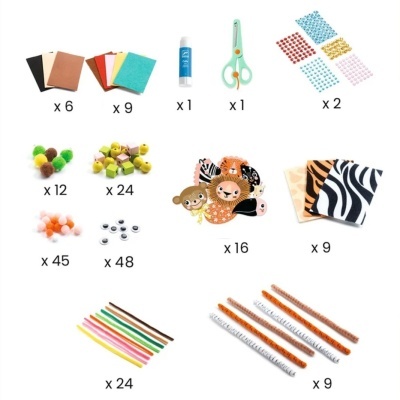 Materiais de artesanato coloridos e variados para criar decorações com temas de animais.