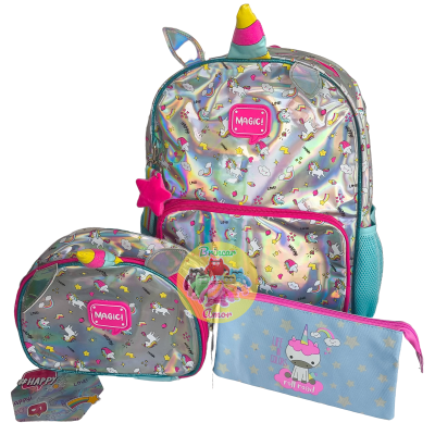 Mochila, lancheira e estojo com padrão de unicórnios coloridos e detalhes holográficos