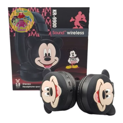 Auscultadores wireless pretos com rosto do Mickey Mouse e embalagem preta associada.