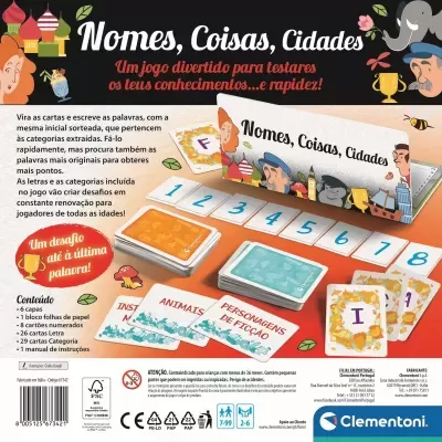 Jogo de tabuleiro Nomes, Coisas, Cidades com cartas, tabuleiro e embalagem colorida