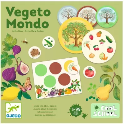 Jogo educativo Vegeto Mondo com peças ilustradas de árvores, frutas e vegetais