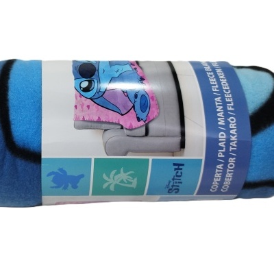 Cobertor para criança azul com personagem Stitch e rótulo branco