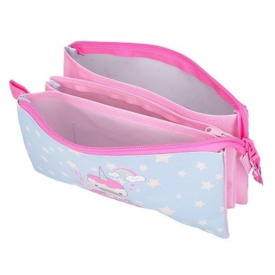 Estojo escolar azul claro com estrelas brancas e interior rosa com dois compartimentos