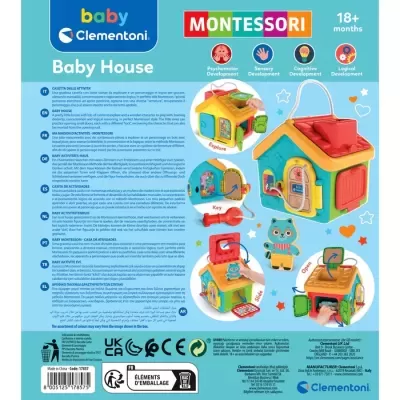 Embalagem do brinquedo educativo Baby House da Clementoni para bebés, com imagens do produto e texto informativo