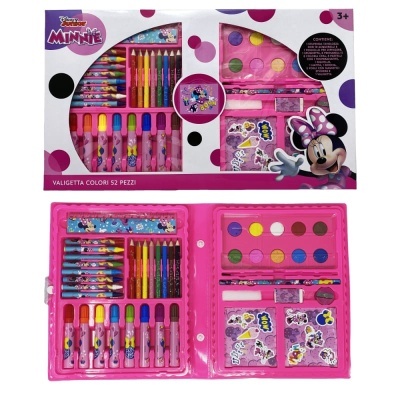 Estojo de arte rosa da Minnie Mouse com várias ferramentas coloridas para desenho e pintura