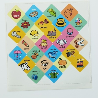 Quadro educativo com desenhos e palavras em inglês para crianças