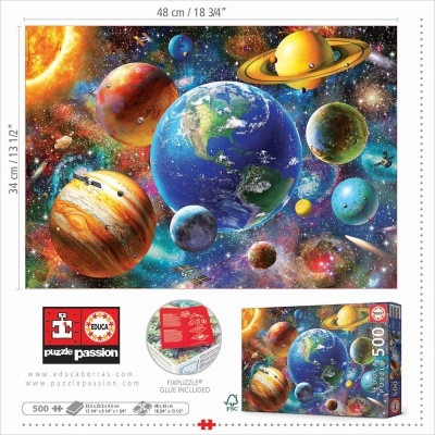 Puzzle sistema solar com 500 peças, fundo estrelado, planetas coloridos, embalagem com texto