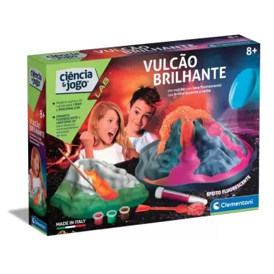 Caixa do brinquedo Vulcão Brilhante da Clementoni para crianças 8+ anos com cores e pincéis.