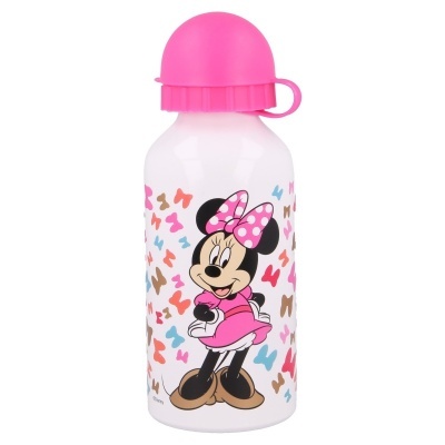 Garrafa branca com tampa rosa e imagem da Minnie Mouse