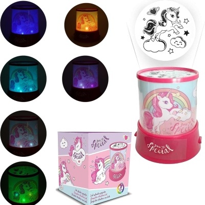 Projetor de luz rosa com unicórnio e múltiplas cores de luz