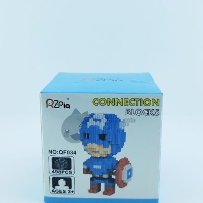 Caixa de blocos de construção azul e branca com figura pixelada e texto